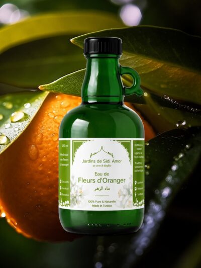 Hydrolat de fleur d’oranger Jardins de Sidi Amor en bouteille verte, présenté sur fond naturel avec orange et feuilles, eau florale 100% pure fabriquée en Tunisie