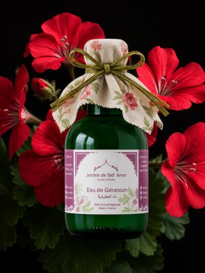 Eau florale de géranium naturelle des Jardins Sidi Amor – distillée en Tunisie