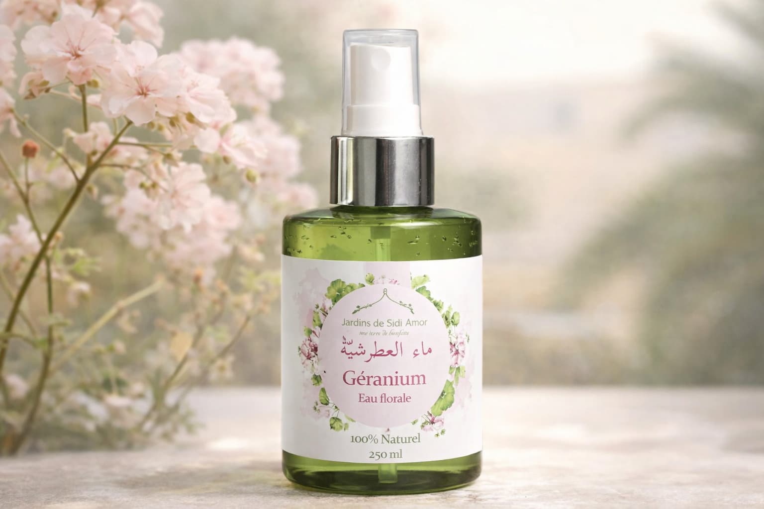 Eau florale de géranium en lumière douce hydrolat de géranium eau florale naturelle jardins sidi amor tunisie